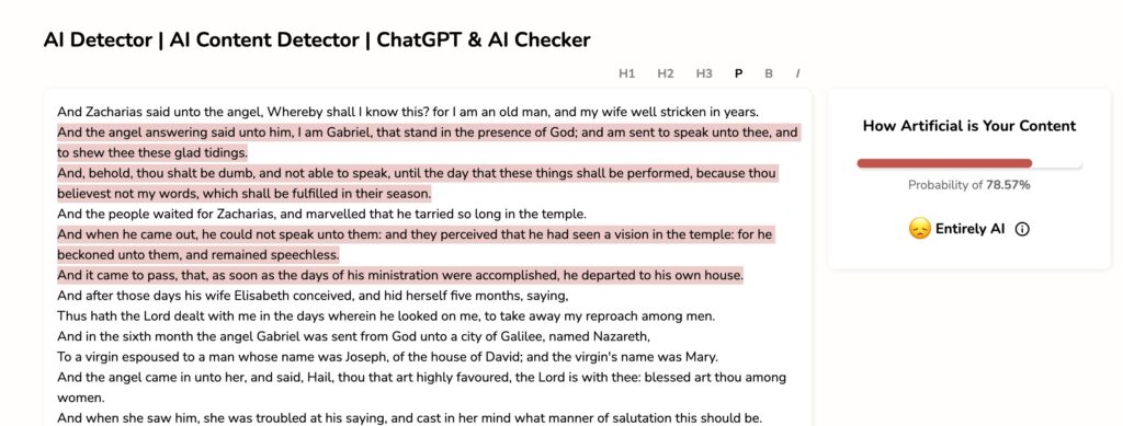 AI content detection indicating parts of the Bible are written with AI